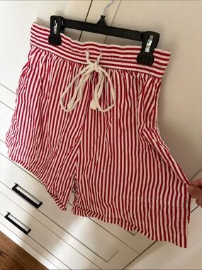 Lee Mathews Red and White Striped Bermuda High Waist Drawstring Shorts